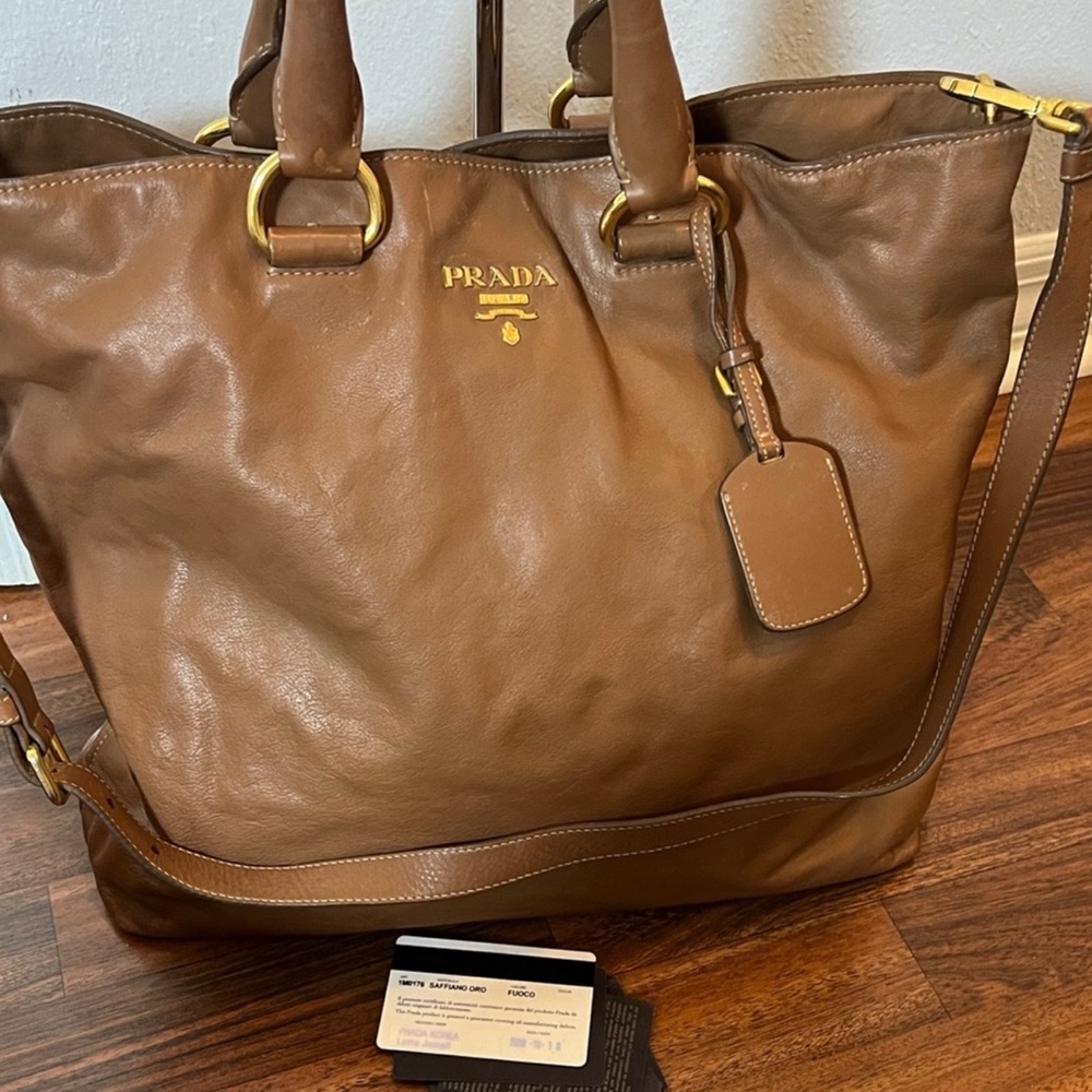 Prada Tan Leather Shoulder Bag with Gold Accents
